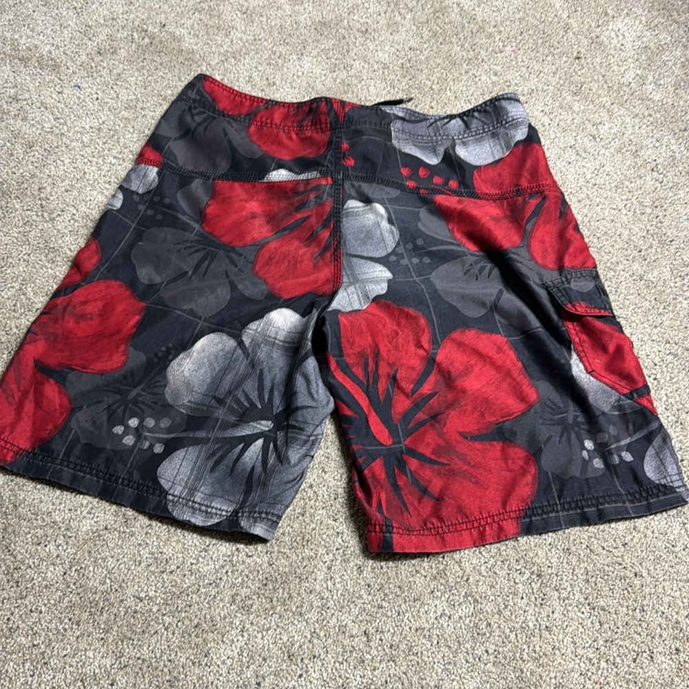 Hurley Hawaiian print board shorts red/black swim trunks y2k hibiscus - Picture 2 of 8
